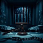 Flick International Dimly lit room with gavel and American flag representing impeachment proceedings