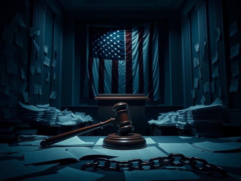 Flick International Dimly lit room with gavel and American flag representing impeachment proceedings