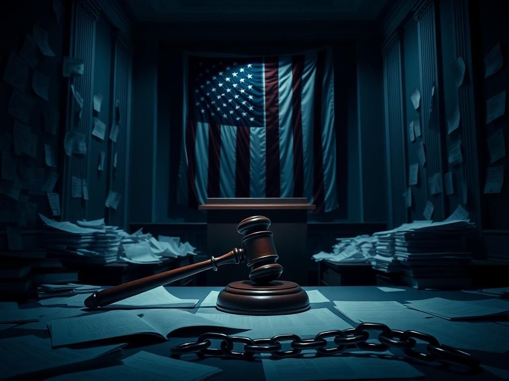 Flick International Dimly lit room with gavel and American flag representing impeachment proceedings