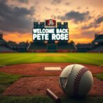 Flick International A baseball diamond at dusk with a cracked baseball and a scoreboard reading 'WELCOME BACK PETE ROSE'.
