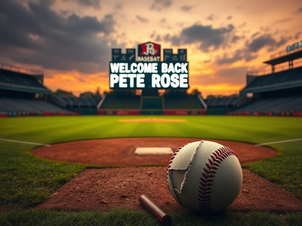 Flick International A baseball diamond at dusk with a cracked baseball and a scoreboard reading 'WELCOME BACK PETE ROSE'.