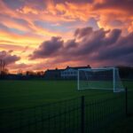 Flick International A high school soccer field at dusk with a girl's soccer goal in the foreground