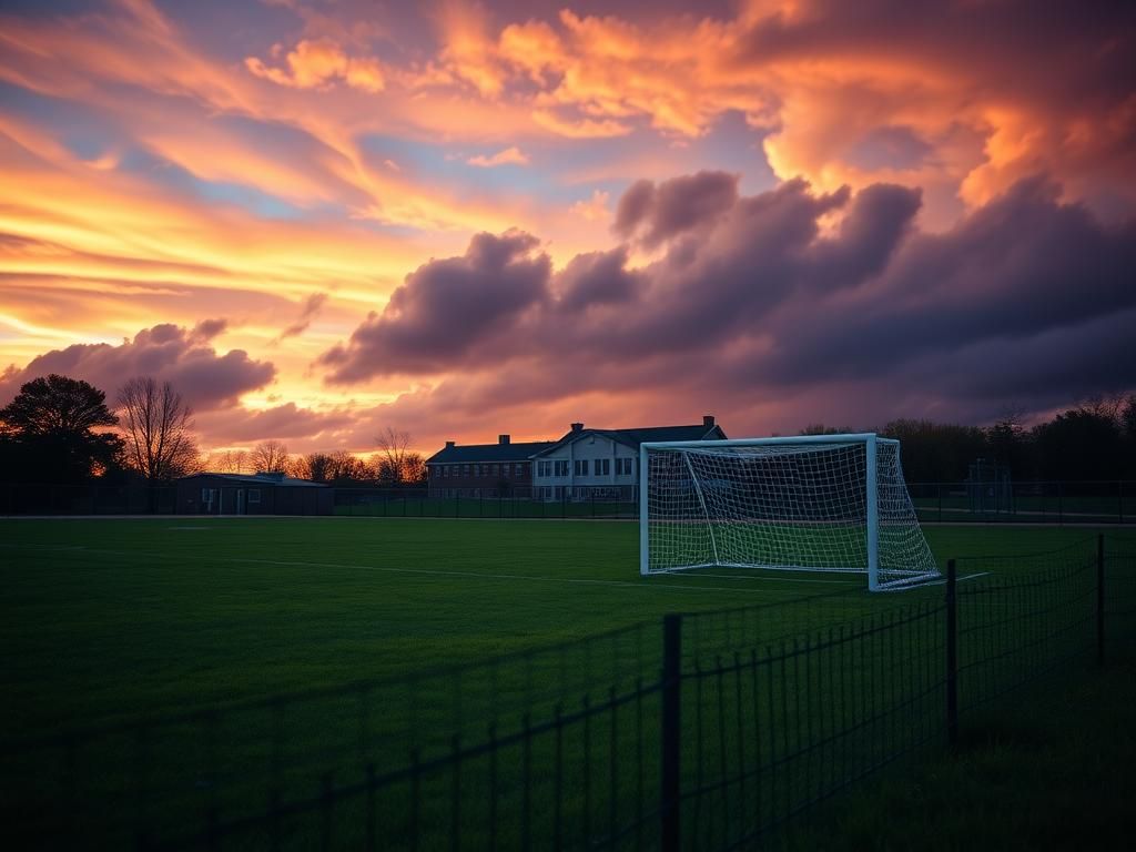 Flick International A high school soccer field at dusk with a girl's soccer goal in the foreground