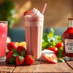 Flick International A vibrant glass of pink lemonade and a creamy strawberry shake on a rustic wooden table