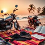 Flick International Vintage motorbike on the beach with a folded black bikini on a towel