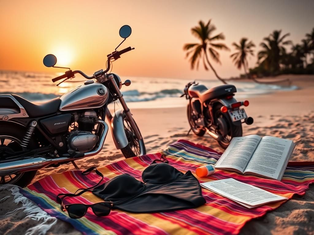 Flick International Vintage motorbike on the beach with a folded black bikini on a towel