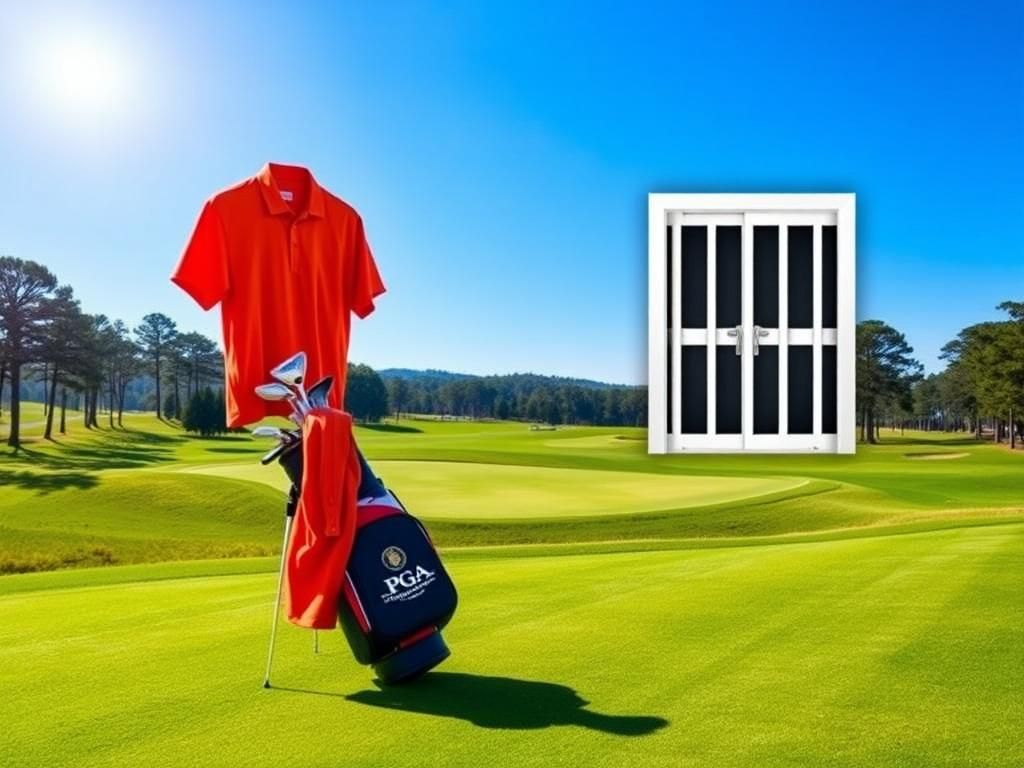 Flick International Scottie Scheffler's vibrant orange golf outfit showcased on a tee amidst a beautiful golf course landscape