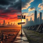 Flick International A divided landscape showing a vibrant city skyline on one side and a faded, crumbled landscape on the other, representing the journey towards a better future.