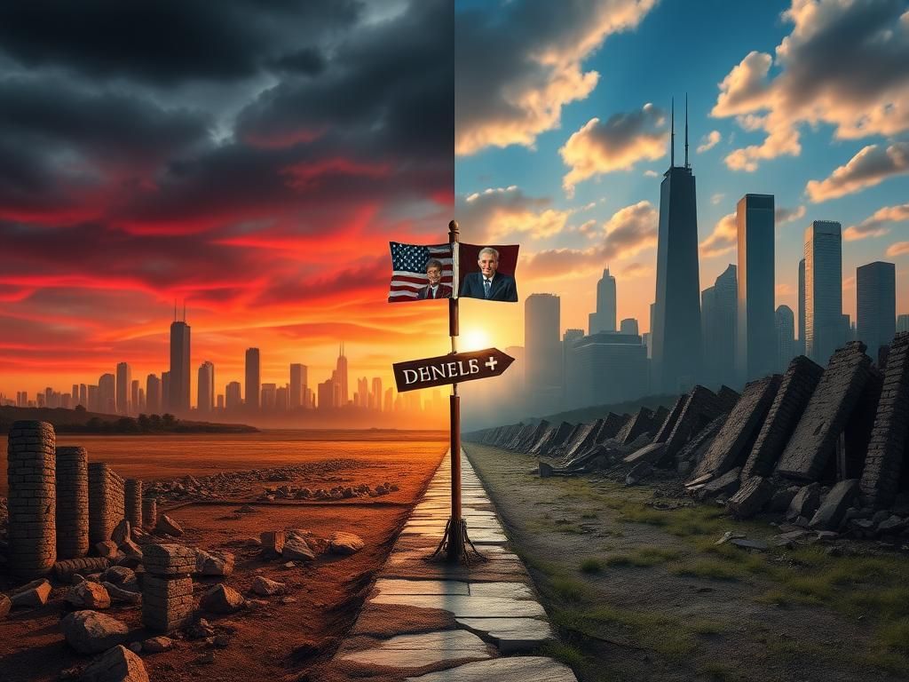 Flick International A divided landscape showing a vibrant city skyline on one side and a faded, crumbled landscape on the other, representing the journey towards a better future.
