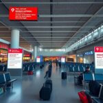 Flick International Interior view of a modern airport terminal with health alerts about measles outbreaks