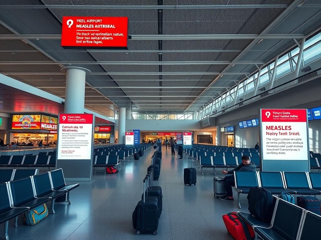 Flick International Interior view of a modern airport terminal with health alerts about measles outbreaks