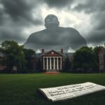 Flick International Dramatic view of Harvard University campus with historic buildings and shadowy overcast sky