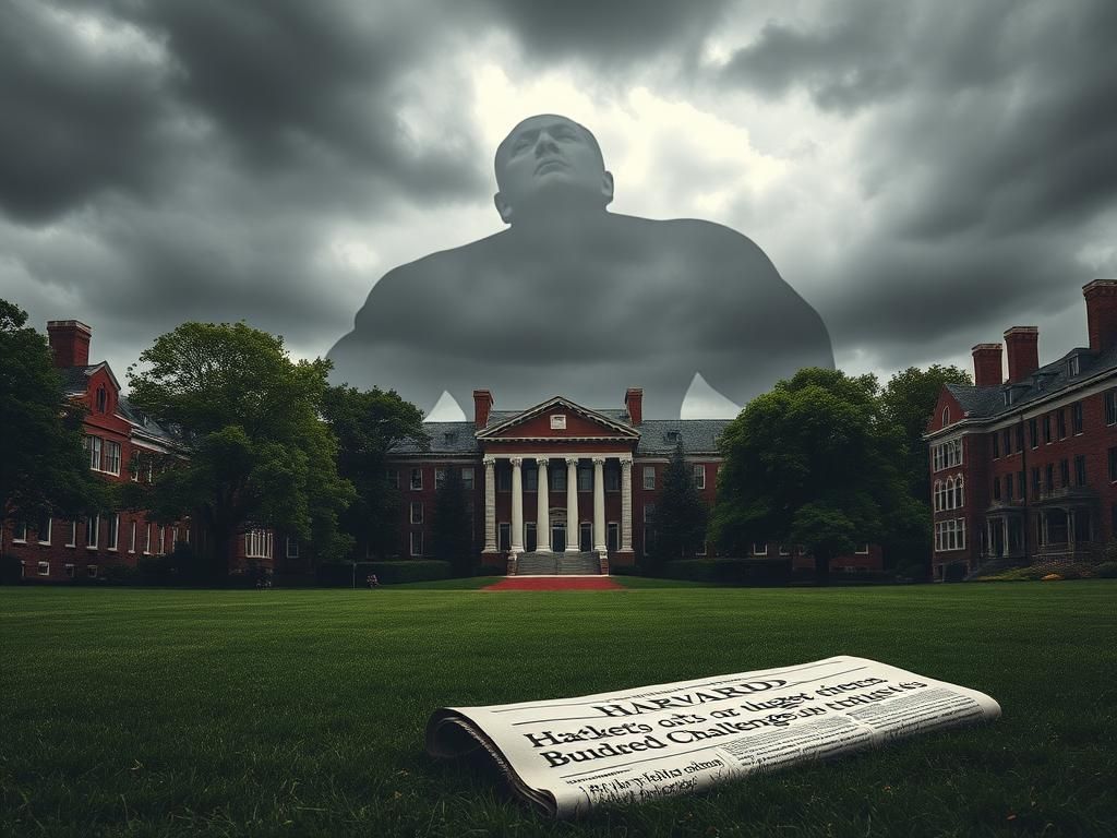 Flick International Dramatic view of Harvard University campus with historic buildings and shadowy overcast sky