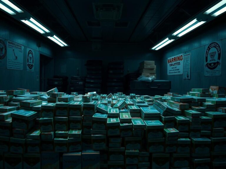 Flick International A vast array of stacked cigarette cartons in a customs inspection facility
