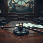 Flick International High-angle view of a courtroom scene with a gavel and legal documents