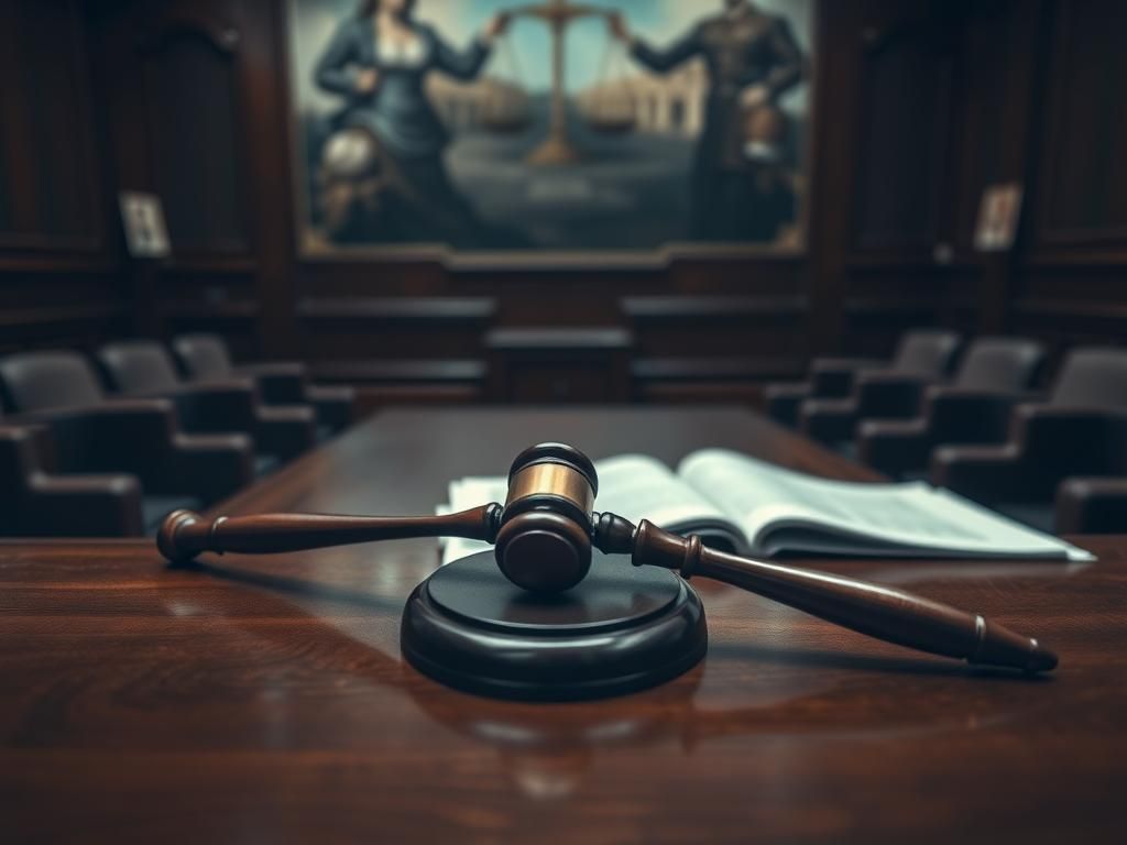 Flick International High-angle view of a courtroom scene with a gavel and legal documents