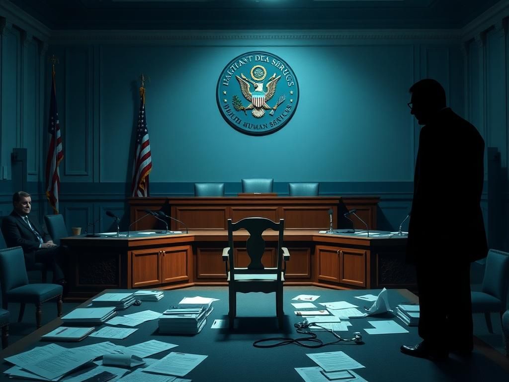 Flick International A tense Capitol Hill hearing room with a stark wooden table and microphones symbolizing political confrontation