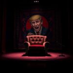Flick International Dramatic stage setting with late-night host chair and a stylized severed head tapestry