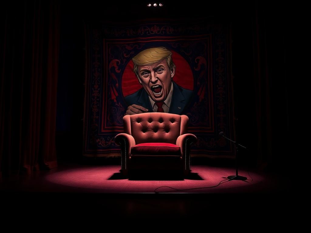 Flick International Dramatic stage setting with late-night host chair and a stylized severed head tapestry