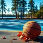 Flick International Basketball court in rural Maine surrounded by pine trees and a serene lake