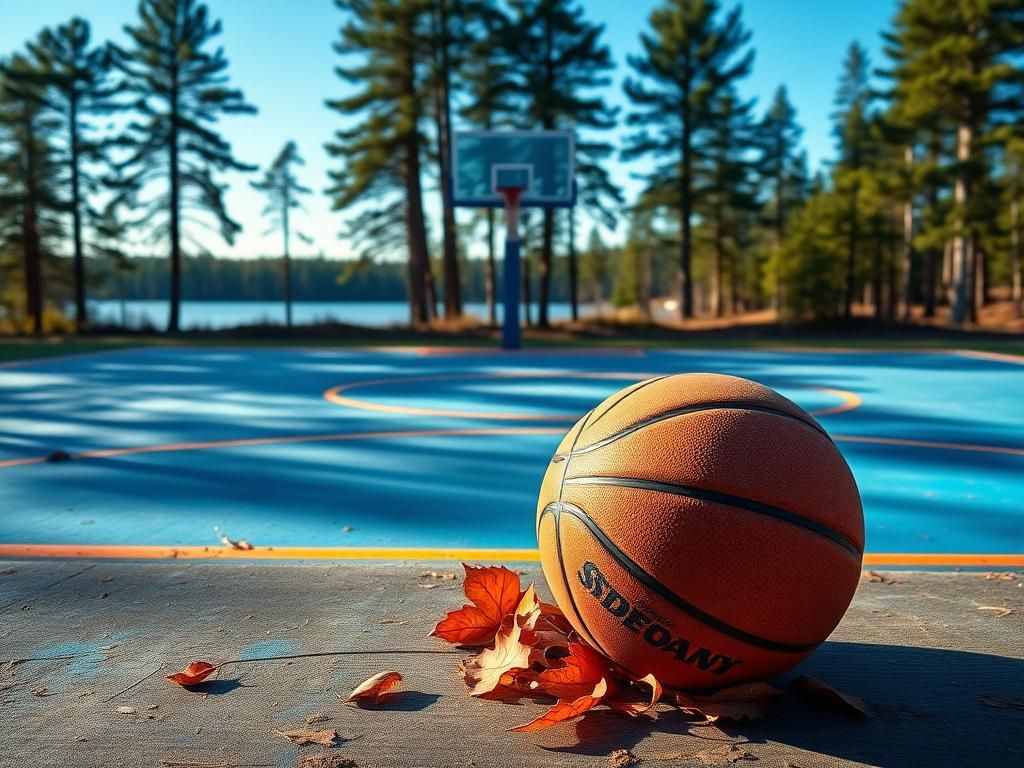Flick International Basketball court in rural Maine surrounded by pine trees and a serene lake