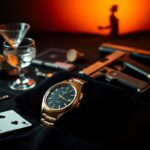 Flick International Vintage spy gadget featuring a classic gold wristwatch and handgun on a dark velvet background