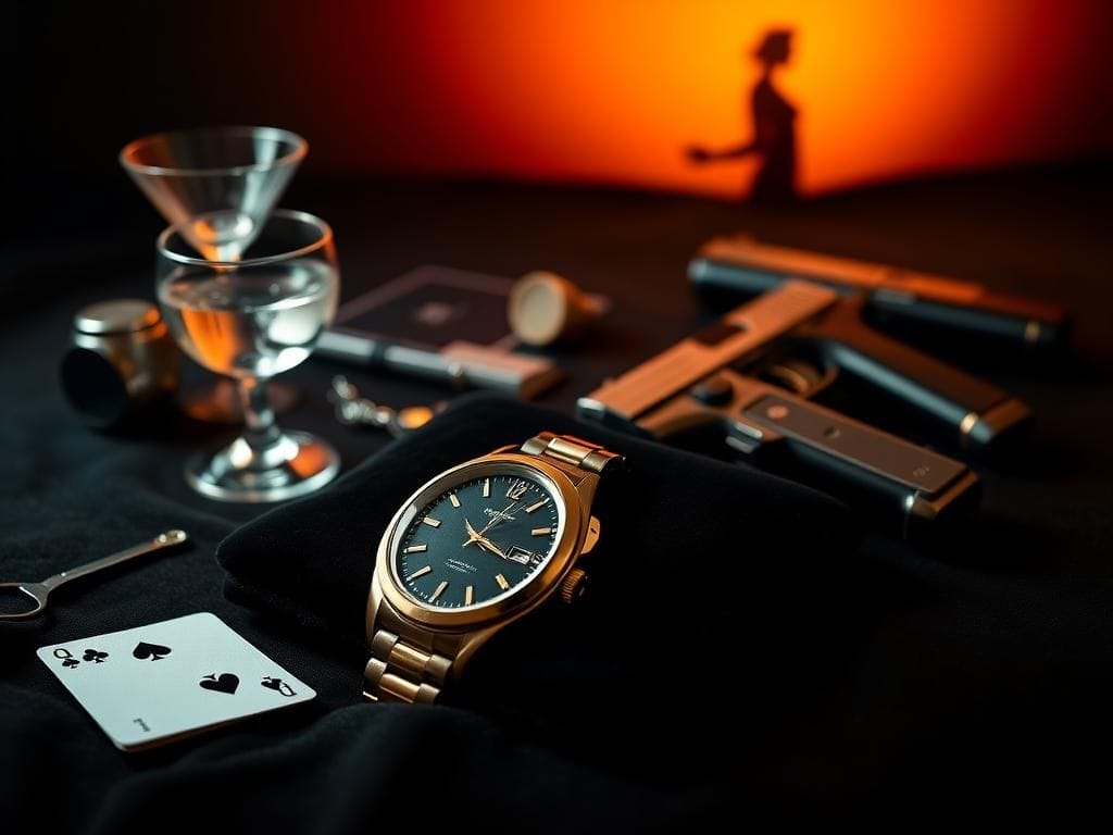 Flick International Vintage spy gadget featuring a classic gold wristwatch and handgun on a dark velvet background