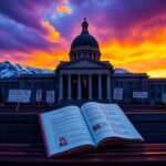Flick International Dramatic exterior of Colorado Senate building with protest signs on benches