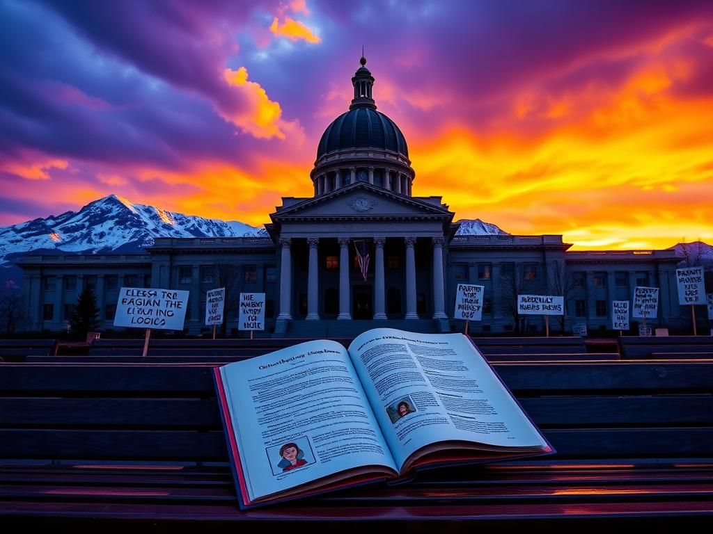 Flick International Dramatic exterior of Colorado Senate building with protest signs on benches