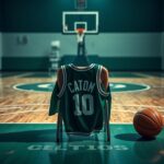 Flick International Close-up of a basketball court with a Celtics jersey draped over a chair, symbolizing Jayson Tatum's recovery after Achilles surgery.
