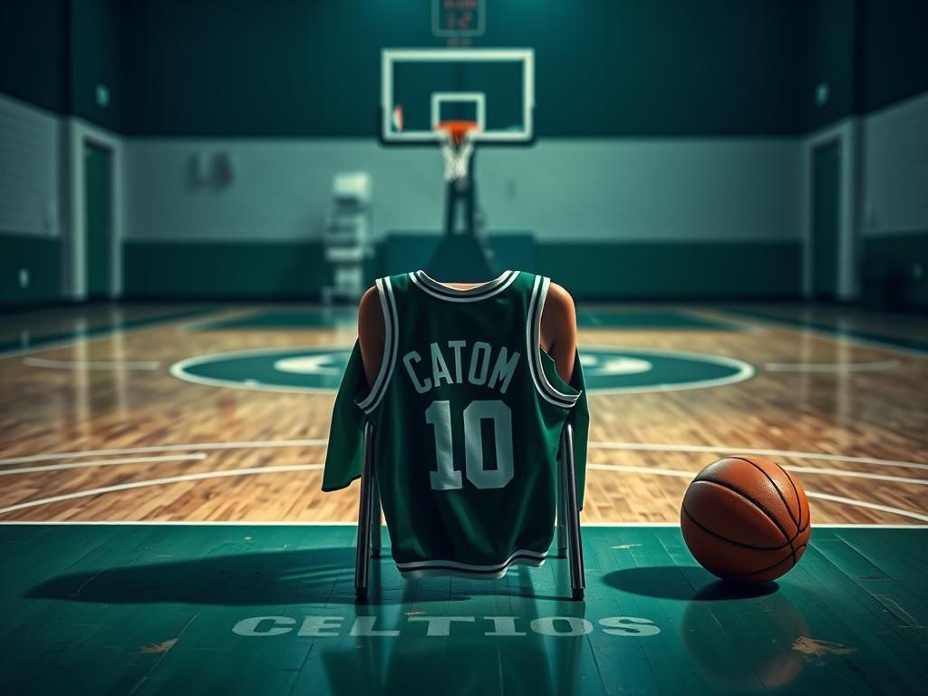 Flick International Close-up of a basketball court with a Celtics jersey draped over a chair, symbolizing Jayson Tatum's recovery after Achilles surgery.