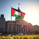 Flick International View of Providence City Hall with a Palestinian flag fluttering in the breeze