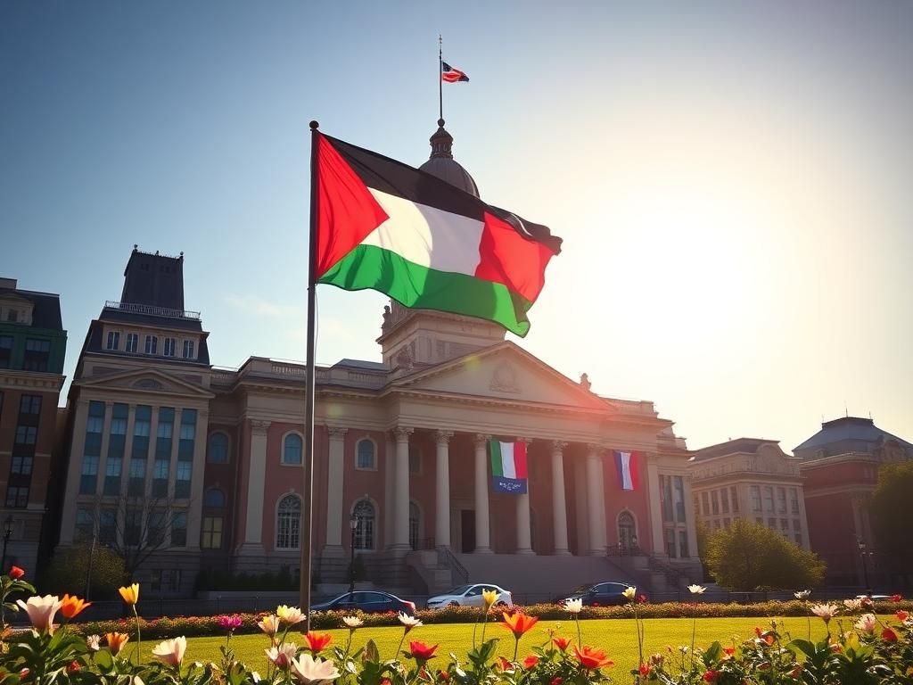 Flick International View of Providence City Hall with a Palestinian flag fluttering in the breeze
