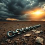 Flick International A broken chain symbolizing freedom and the struggle for captive rights on a rugged landscape