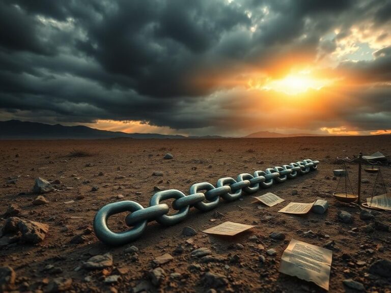 Flick International A broken chain symbolizing freedom and the struggle for captive rights on a rugged landscape