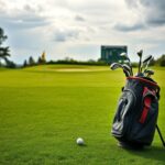 Flick International A serene golf course scene with a well-worn golf bag and clubs on a bright overcast day