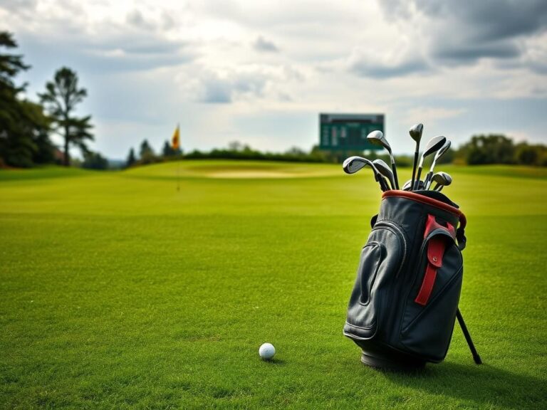 Flick International A serene golf course scene with a well-worn golf bag and clubs on a bright overcast day