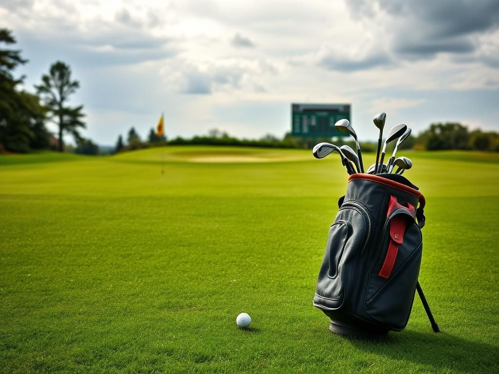 Flick International A serene golf course scene with a well-worn golf bag and clubs on a bright overcast day
