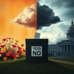 Flick International Conceptual image contrasting abortion rights and restrictions with colorful flowers and dark storm clouds