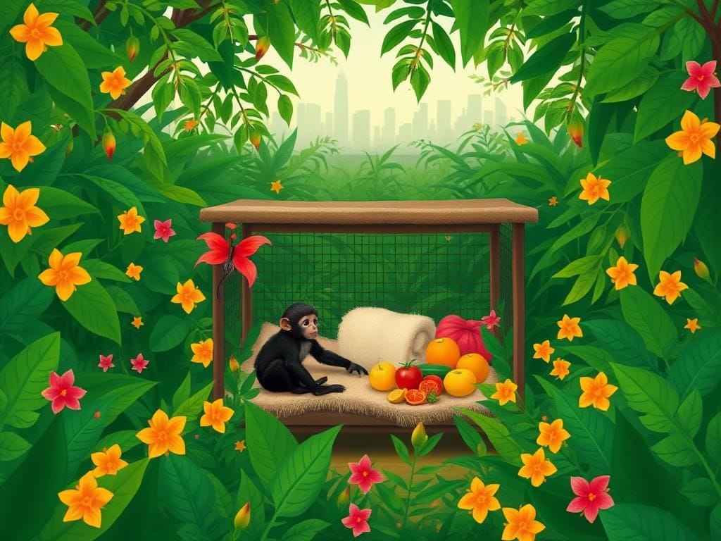 Flick International Young spider monkey in a lush habitat enclosure surrounded by vibrant foliage