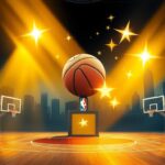 Flick International A vibrant basketball court illuminated in golden light symbolizing hope, with an oversized basketball representing the top draft pick.