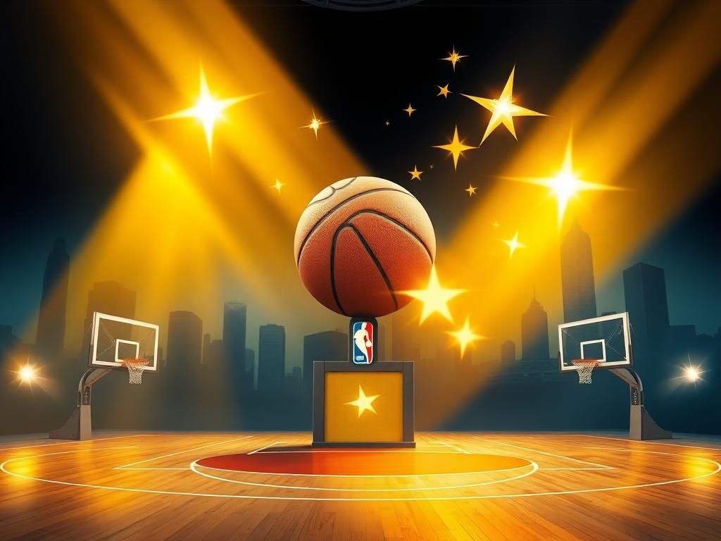 Flick International A vibrant basketball court illuminated in golden light symbolizing hope, with an oversized basketball representing the top draft pick.