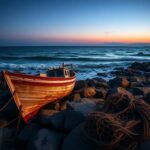 Flick International A serene coastline at dusk with a weathered fishing boat symbolizing Maine’s maritime heritage