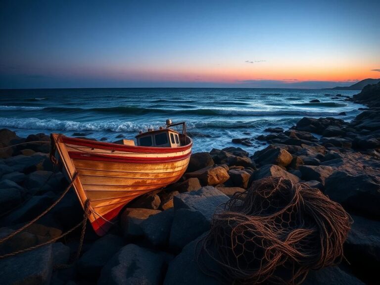 Flick International A serene coastline at dusk with a weathered fishing boat symbolizing Maine’s maritime heritage