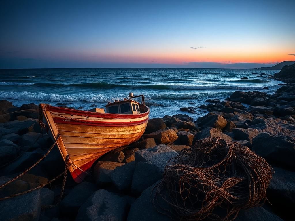 Flick International A serene coastline at dusk with a weathered fishing boat symbolizing Maine’s maritime heritage