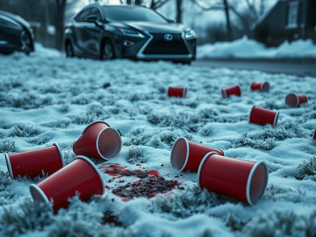 Flick International Close-up view of winter landscape with red Solo cups and potential blood evidence