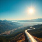 Flick International A scenic view of Alaska featuring a pipeline symbolizing energy resources amidst rugged mountains and lush forests.