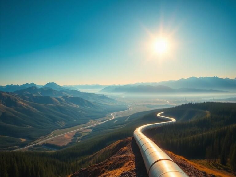 Flick International A scenic view of Alaska featuring a pipeline symbolizing energy resources amidst rugged mountains and lush forests.