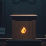 Flick International Delicate pregnancy silhouette on a wooden witness stand in a dimly lit courtroom