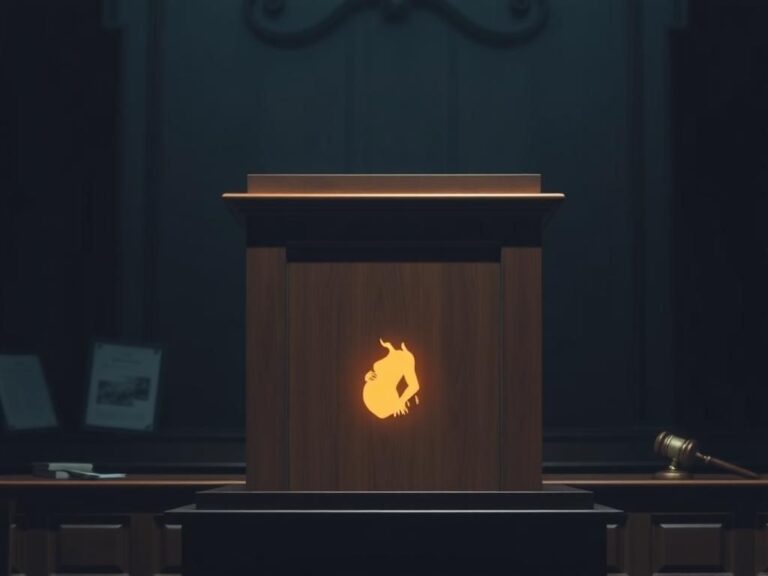 Flick International Delicate pregnancy silhouette on a wooden witness stand in a dimly lit courtroom